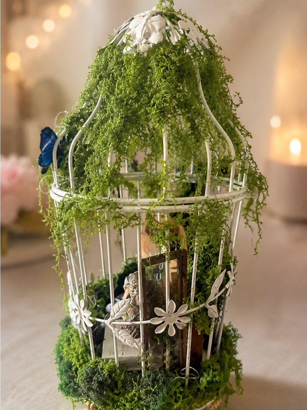Handmade White Owl Birdcage Décor with Moss and LED Lights - Picture 2 of 6